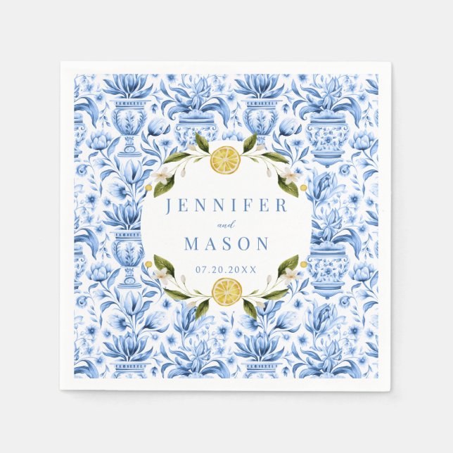 Serviette En Papier Papier bleu citron italien mariage serviettes (Devant)