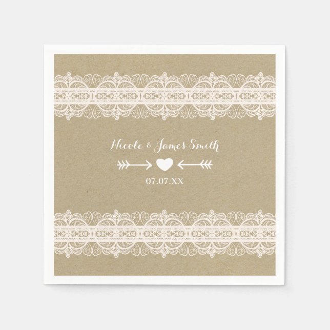 Serviette En Papier Papier Brun & Dentelle Blanche Mariage Rustique Na (Devant)