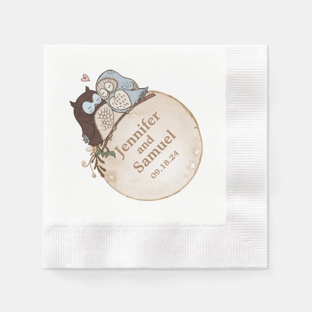 Serviette En Papier Papier Chouette Mariage Bois Rustique   (Devant)