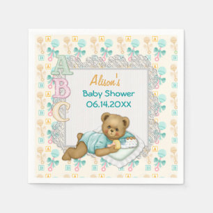 Serviette En Papier Papier de Baby shower ABC Teddy Peach et Aqua