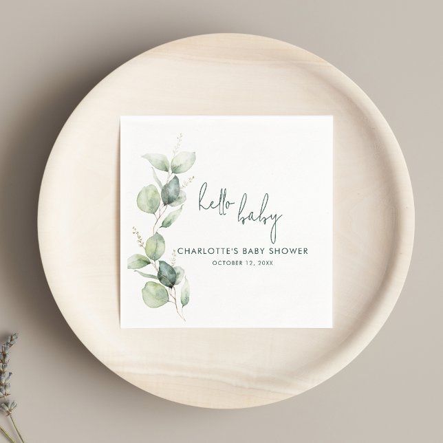 Serviette En Papier Papier de Baby shower de script Botanique Eucalypt (Eucalyptus Watercolor Script Baby Shower Paper Napkin)