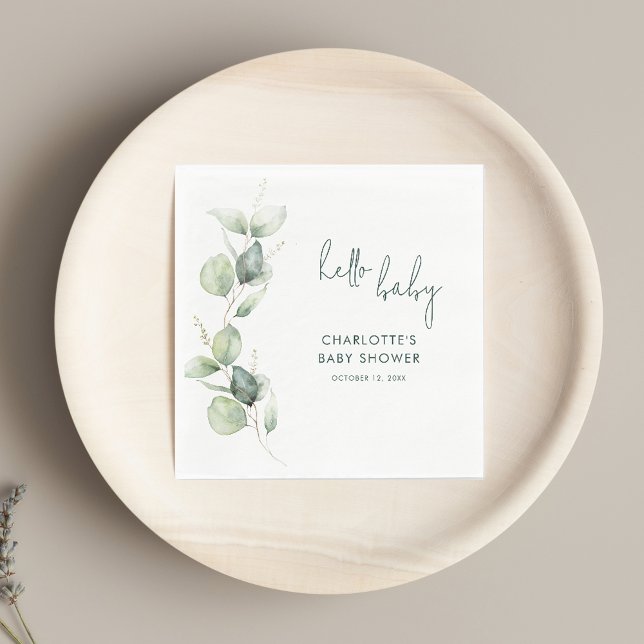 Serviette En Papier Papier de Baby shower de script Botanique Eucalypt (Watercolor Eucalyptus Script Baby Shower Paper Napkin)