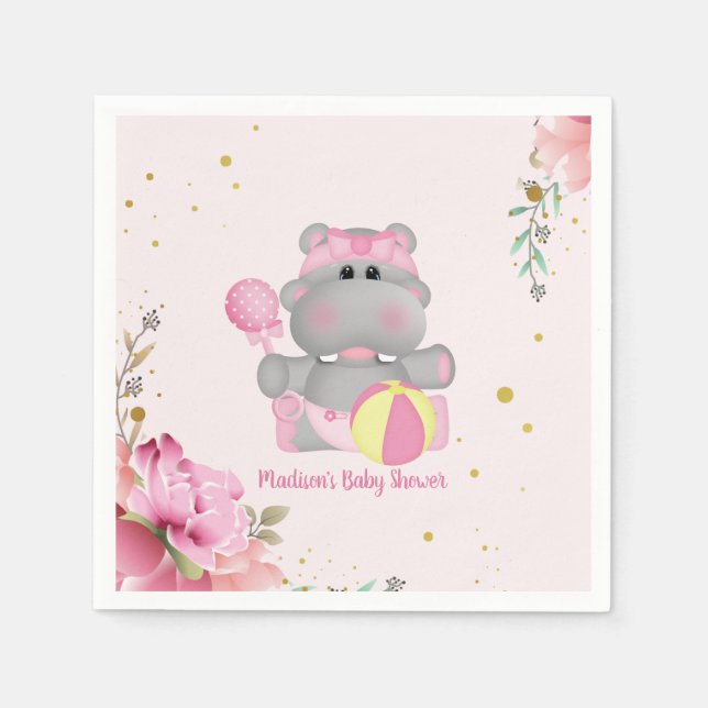 Serviette En Papier Papier de Baby shower Hippo Floral (Devant)