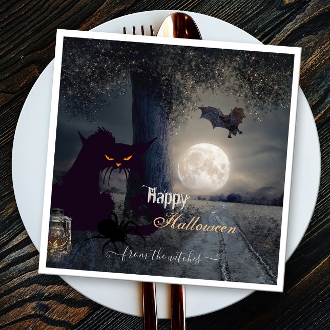 Serviette En Papier Papier de chat noir Halloween éffrayant (Happy Haunted Halloween napkins with a night scene with black cat, spider and bat at full moon)