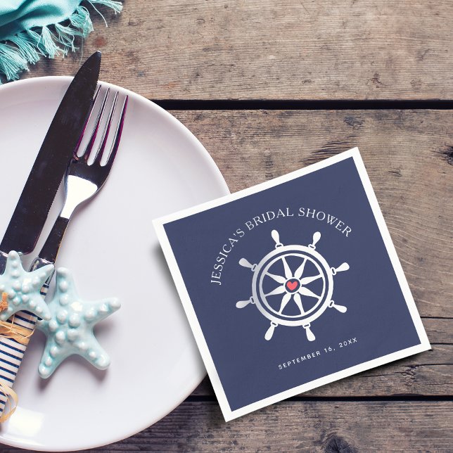 Serviette En Papier Papier de Fête de Fiançailles Bleu Marine à Roue N (Nautical Wheel Navy Blue Bridal Shower Paper Napkins)