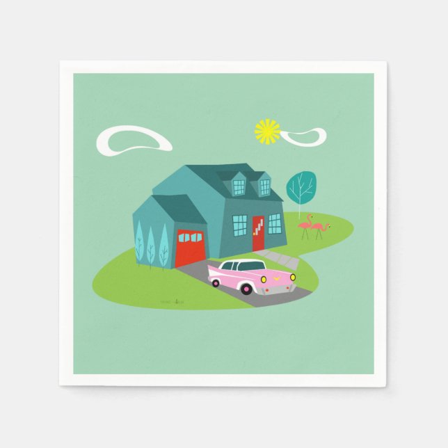 Serviette En Papier Papier de maison de banlieue rétro (Devant)