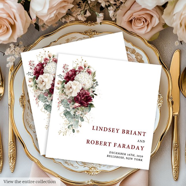 Serviette En Papier Papier de mariage classique Boho bordeaux blush or (Classic Boho Maroon Blush Gold Roses Wedding Paper Paper Dinner Napkins)