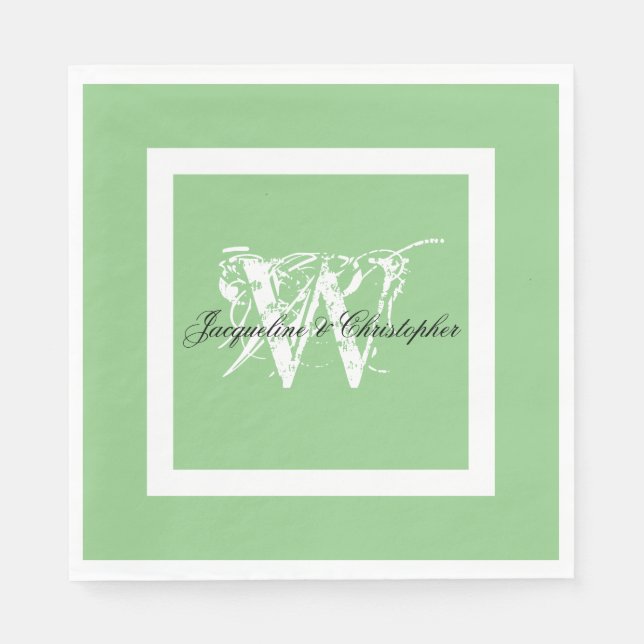 Serviette En Papier Papier de mariage vert doux avec monogramme et nom (Devant)