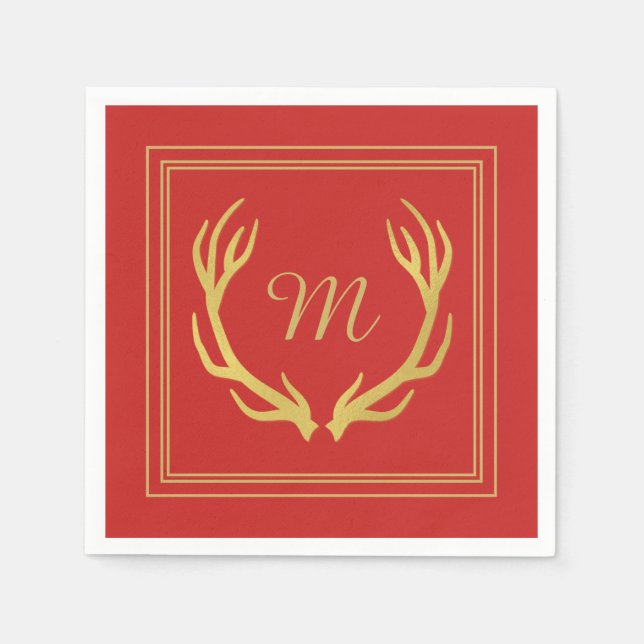 Serviette En Papier Papier de Noël Monogram Gold Antlers | Red (Devant)