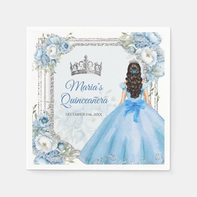Serviette En Papier Papier de Quinceañera bleu Floral Argent (Devant)