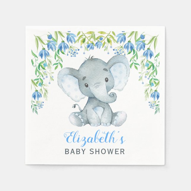 Serviette En Papier Papier éléphant garçon Napkin Baby shower floral b (Devant)