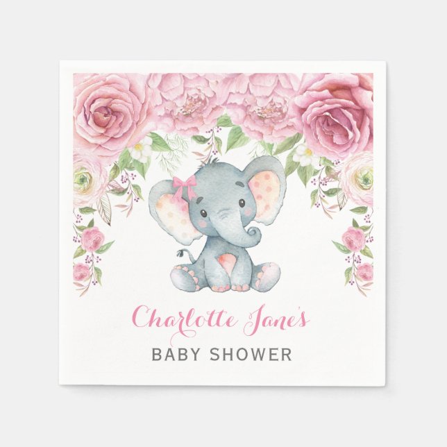 Serviette En Papier Papier Eléphant serviette Baby shower floral rose  (Devant)