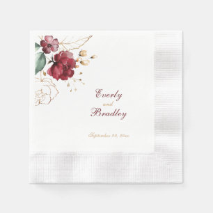 Serviette En Papier Papier floral aquarelle or et rouge foncé élégant 
