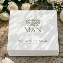 Papier Floral Orné Vert pour Mariage Monogramme