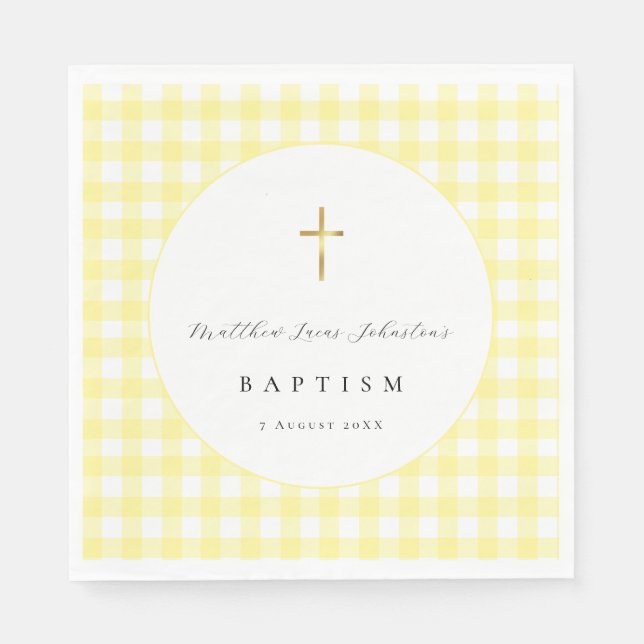 Serviette En Papier Papier gingham jaune pour baptême de bébé  (Devant)