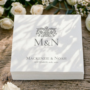 Serviette En Papier Papier Gris Floral Orné Mariage Monogramme