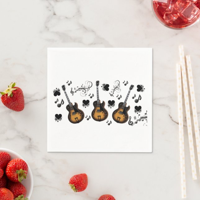 Serviette En Papier Papier, Guitare Notes musicales Coeurs noirs (En situation)