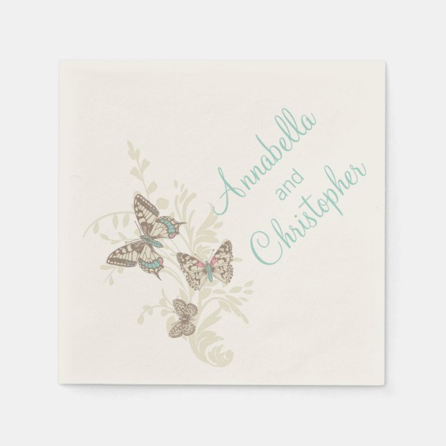 Serviette En Papier Papier mariage 3 papillons encre crème turquoise s (Devant)