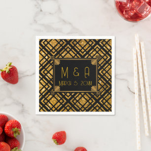 Serviette En Papier Papier Mariage Art déco noir et or