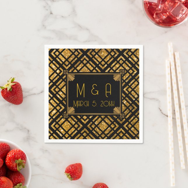 Serviette En Papier Papier Mariage Art déco noir et or (En situation)