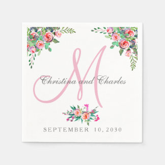 Serviette En Papier Papier Mariage Chic Floral Rose Monogramme