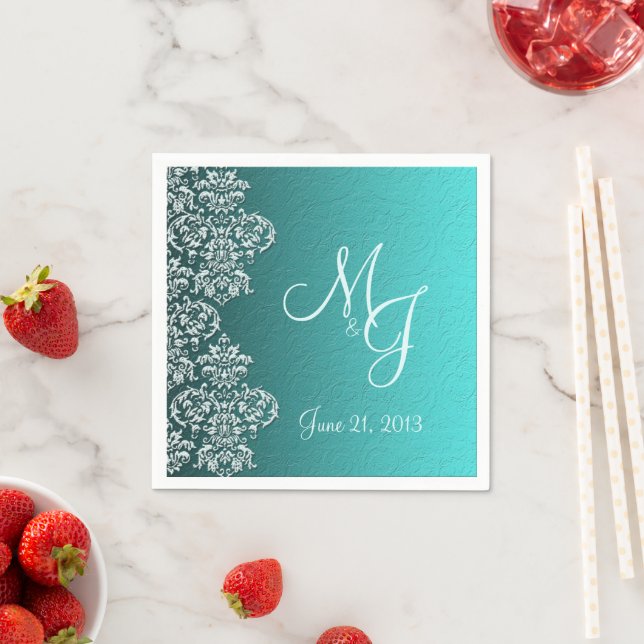 Serviette En Papier Papier Mariage Damask Turquoise (En situation)