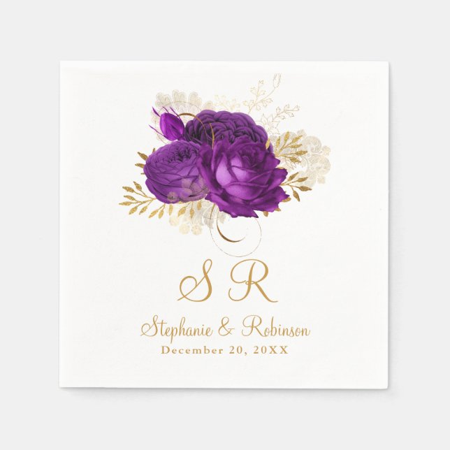 Serviette En Papier Papier Mariage de monogramme floral violet (Devant)