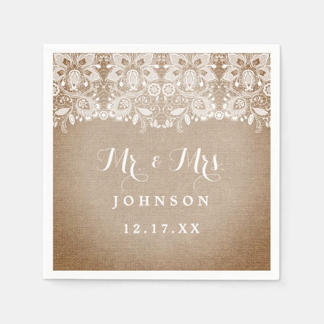 Serviette En Papier Papier Mariage en dentelle Burlap Rustique (Devant)