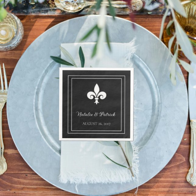 Serviette En Papier Papier Mariage Fleur de Lis noir (Black Fleur de Lis Wedding Paper Napkins)