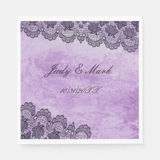 Serviette En Papier Papier Mariage gothique noir dentelle violet (Devant)