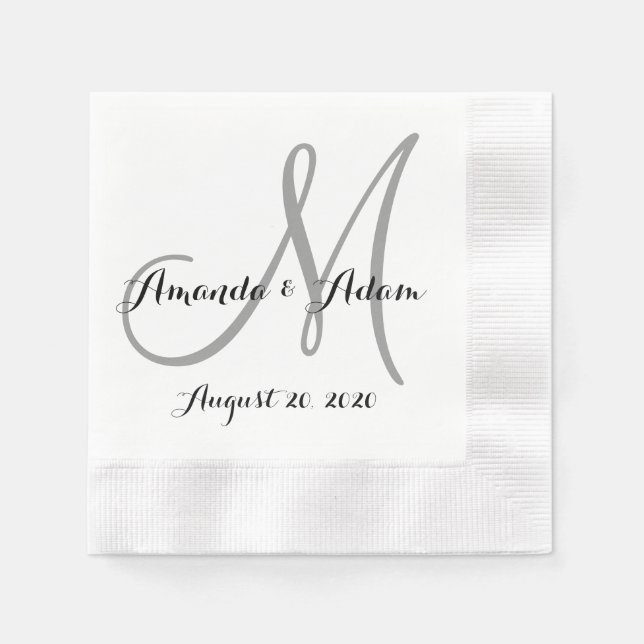 Serviette En Papier Papier Mariage gris et blanc Monogramme Napkin (Devant)