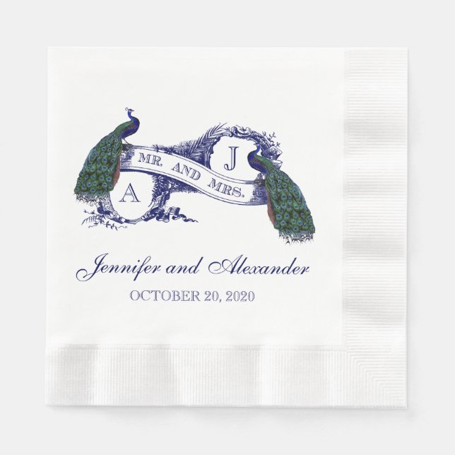 Serviette En Papier Papier Mariage Monogramme bleu Peacock (Devant)