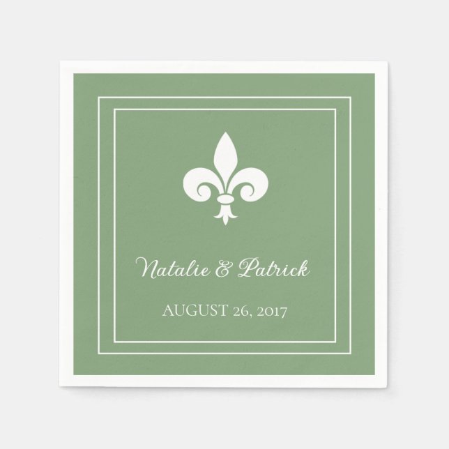 Serviette En Papier Papier Mariage Moss Green Fleur de Lis (Devant)