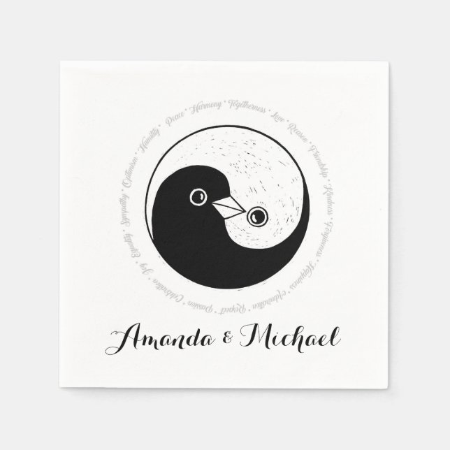 Serviette En Papier PAPIER mariage NAPKIN. b/w YinYang colombes. (Devant)
