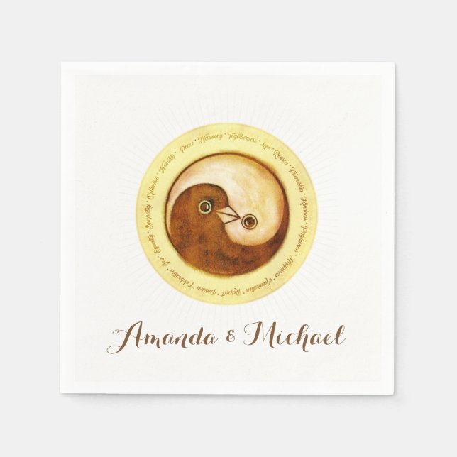 Serviette En Papier PAPIER mariage NAPKIN. Doves Gold YinYang. (Devant)