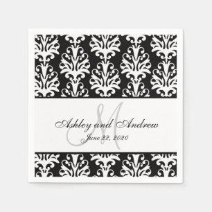 Serviette En Papier Papier Mariage noir blanc Damask Monogram
