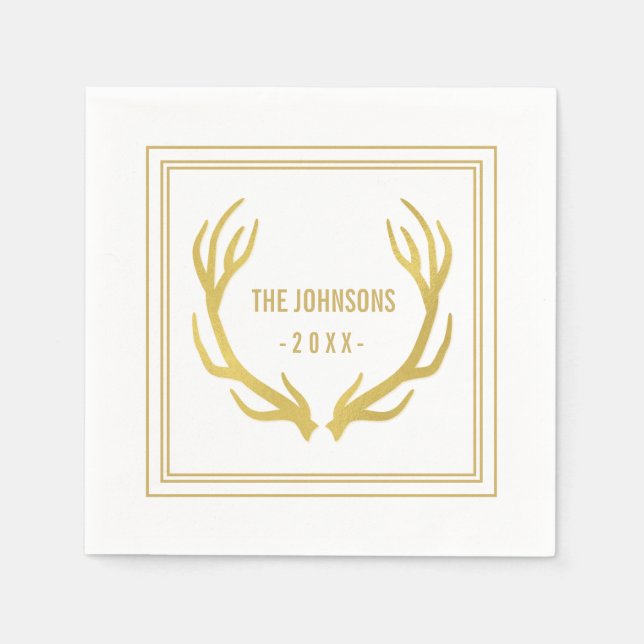 Serviette En Papier Papier Mariage Rustique Antlers Or | BLANCHE (Devant)