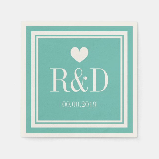 Serviette En Papier Papier mariage turquoise bleu et écru monogramme (Devant)