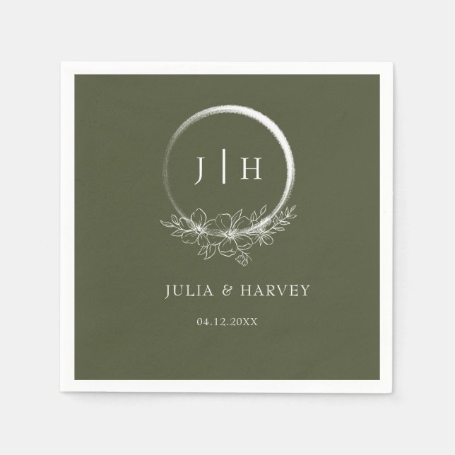 Serviette En Papier Papier Mariage vert à base d'olive bohème minimal  (Devant)