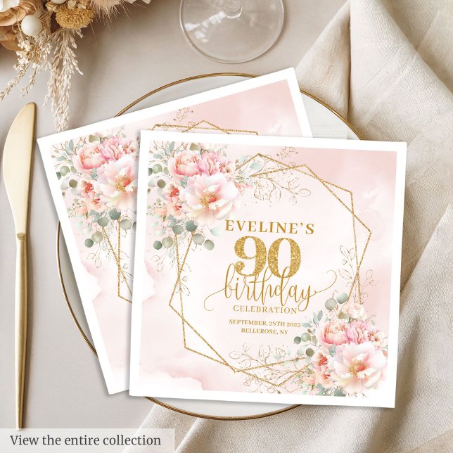 Serviette En Papier Papier moderne rose fuchsia et or pour 90e anniver (Modern blush pink and gold 90th birthday paper Napkins)