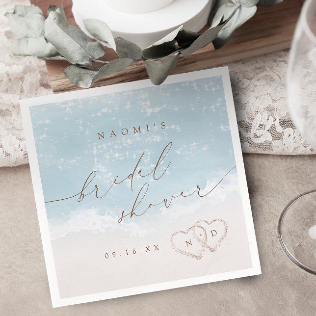 Serviette En Papier Papier moderne sable et coeurs Plage Enterrement d (Modern Script Sand Hearts Beach Bridal Shower Napkins)