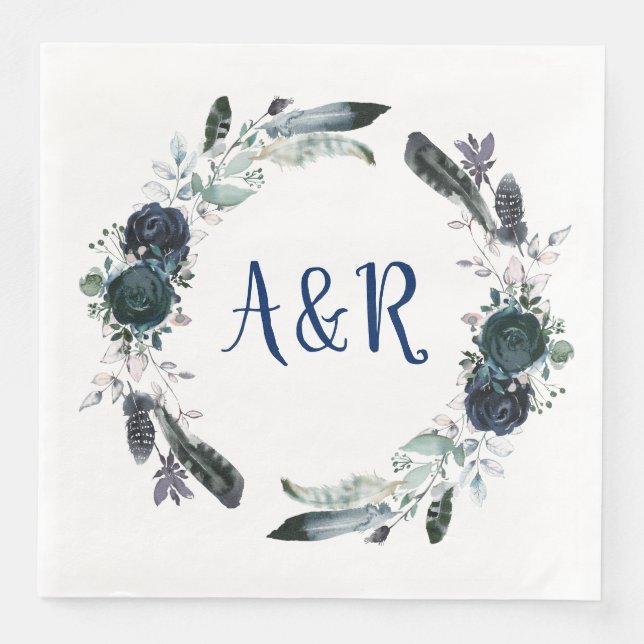 Serviette En Papier Papier Monogramme Bouquet bleu marine (Devant)