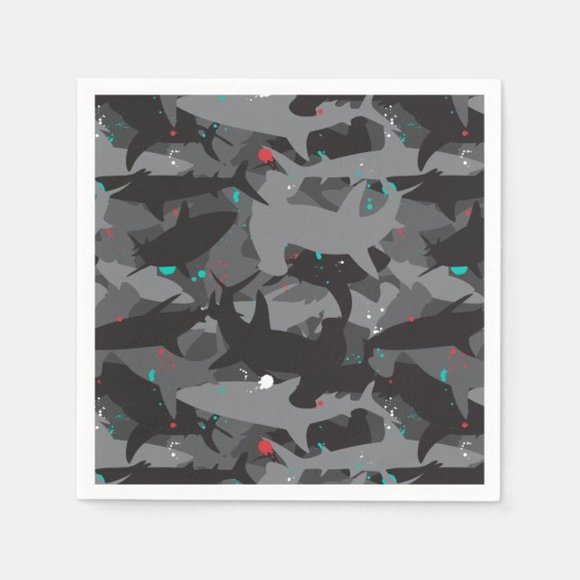 Serviette En Papier Papier Motif noir et camouflage Turquoise requin (Devant)
