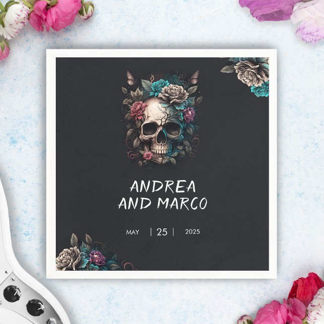 Serviette En Papier Papier Napkin (Skull Tattoo Rock and Roll Gothic Wedding Cocktail Napkin)