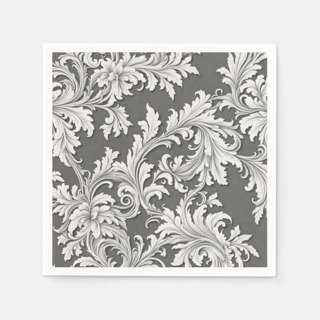 Serviette En Papier Papier Napkin Damask Design Gris noir et blanc (Devant)