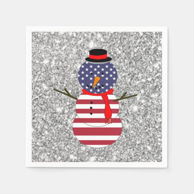 Serviette En Papier Papier Naples Patriotique USA drapeau Snowman Noël (Devant)
