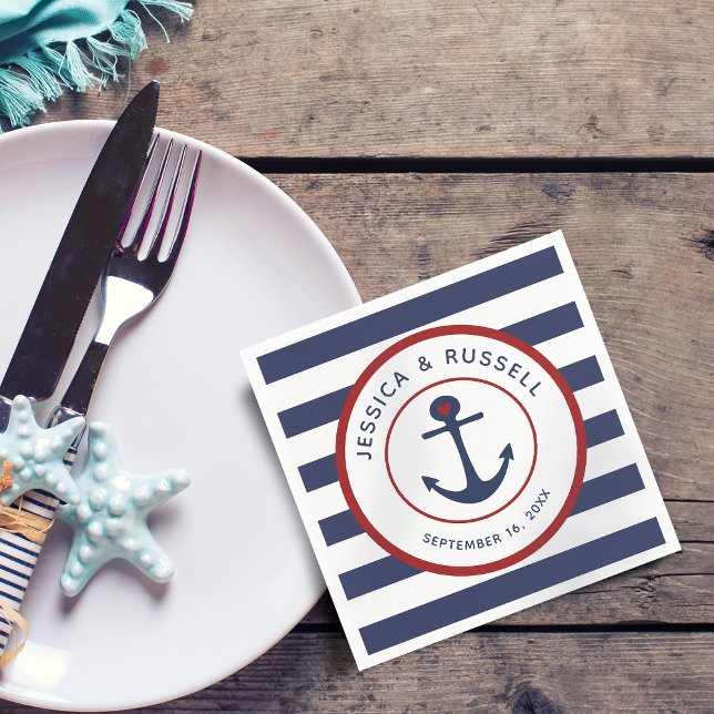 Serviette En Papier Papier rayures bleues marines nautiques Ancrage (Nautical Navy Blue Stripes Anchor Paper Napkins)