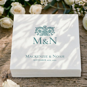 Serviette En Papier Papier sarcelle floral orné de mariage à monogramm