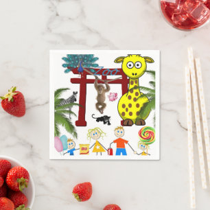 Serviette En Papier Papier, Zoo Giraffe Monkey Panther