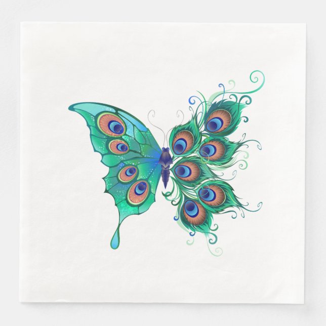 Serviette En Papier Papillon aux plumes de paon vert (Devant)